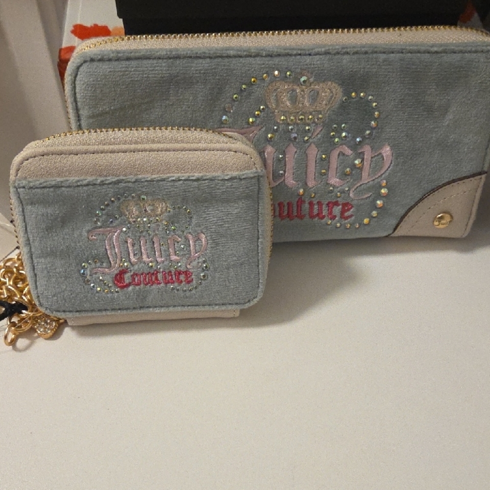 Juicy Couture Gray and Pink Embroidered Wallet Set
